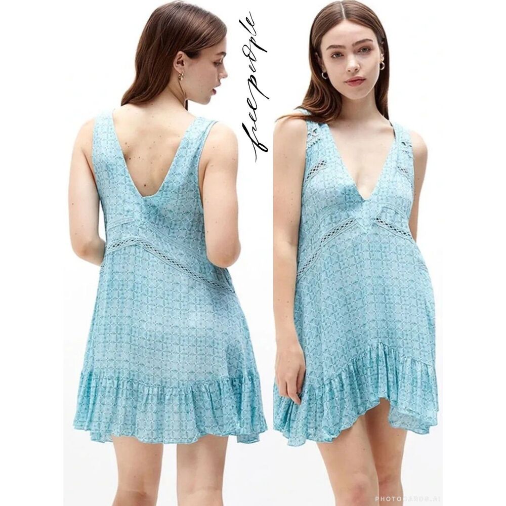 NWOT Free People Intimately "Let It Happen" Turquoise Lace Trim Slip Dress XS